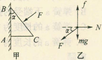 例11 如图2-1-13所示，质量为m、横截面为Rt△ABC的物块，∠ABC=α，AB边靠在竖直墙面上，F是垂直于斜面BC的推力.现物块静止不动，则摩擦力的大小为____.